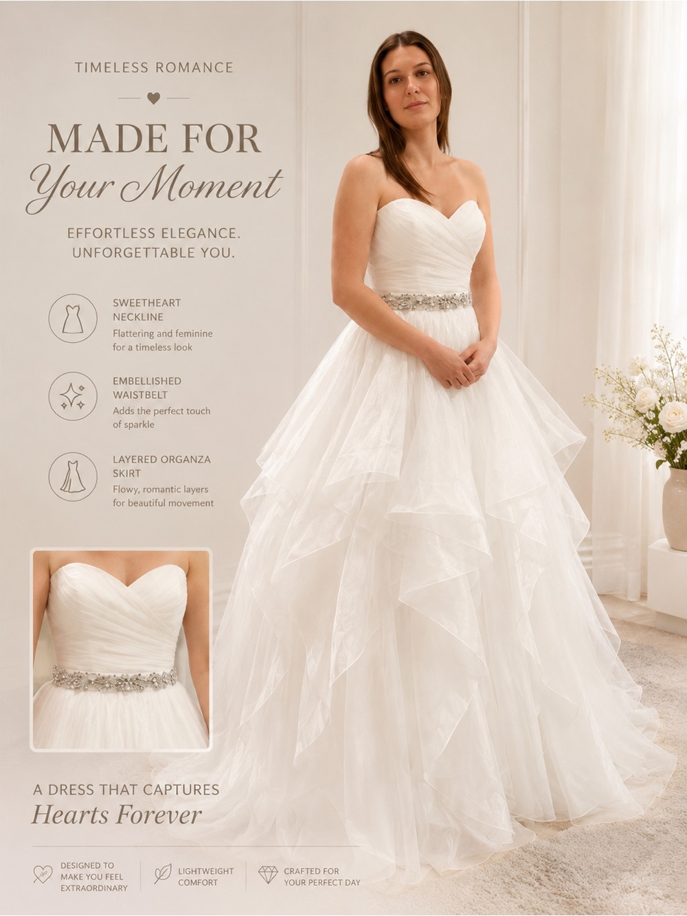 10 Strapless White Layered Organza Wedding Dress with Embellished Waistbelt